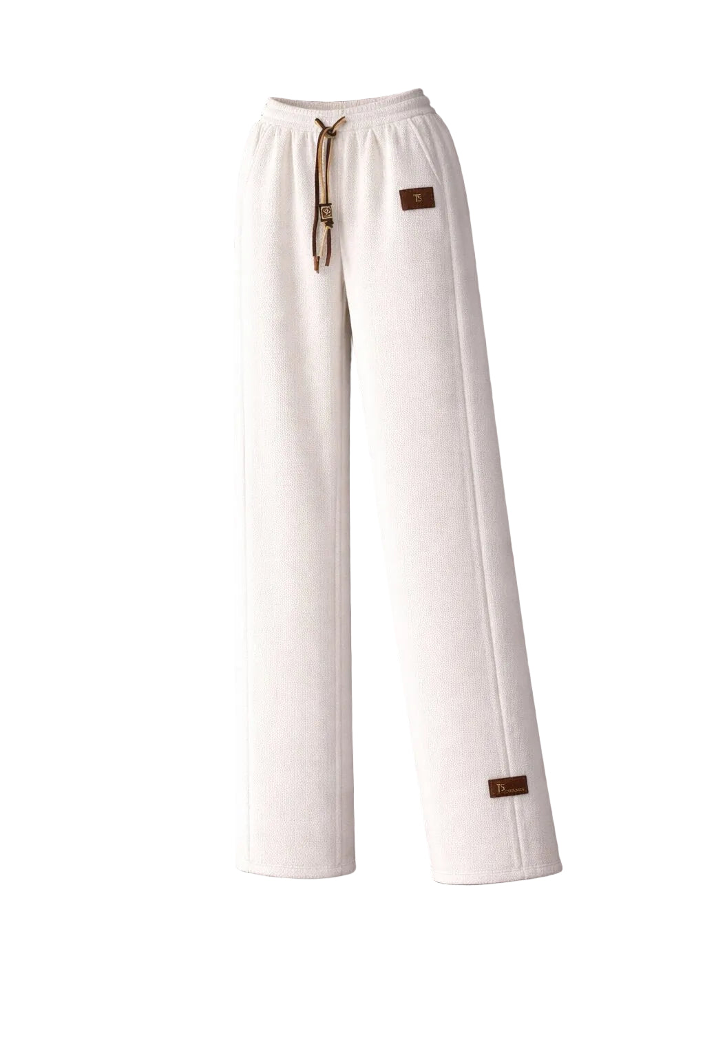 White straight leg textured pants front view with elastic waistband