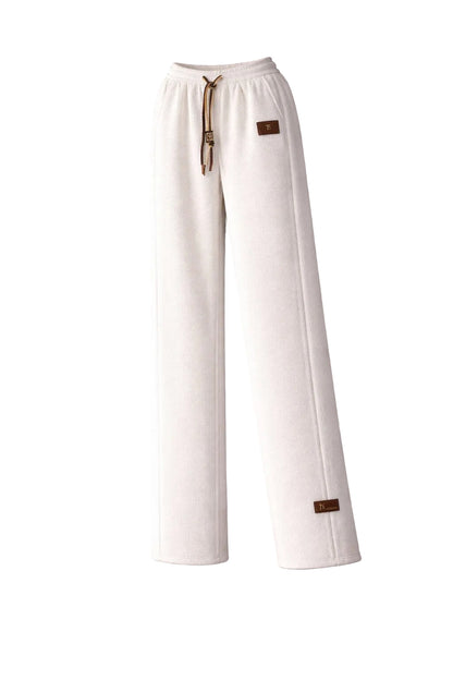 White straight leg textured pants front view with elastic waistband
