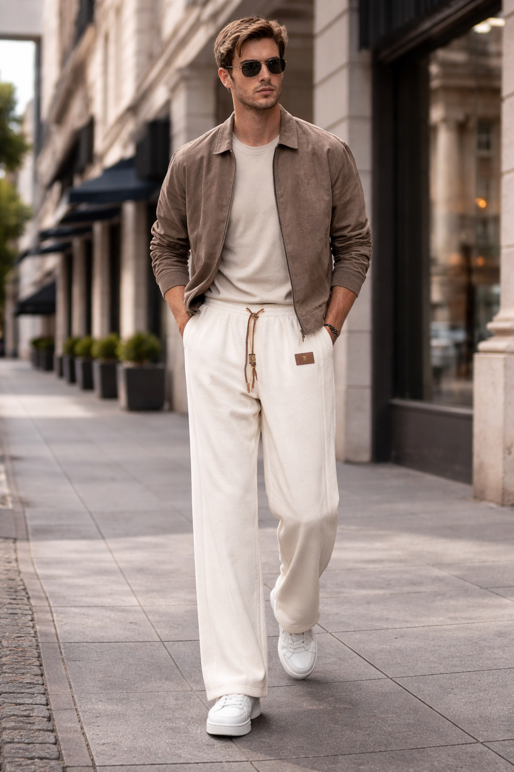 Relaxed cream wide leg pants styled with a taupe jacket and neutral layers for a refined city look