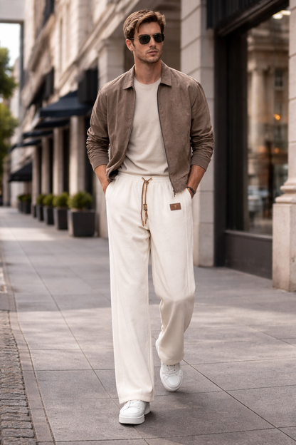 Relaxed cream wide leg pants styled with a taupe jacket and neutral layers for a refined city look