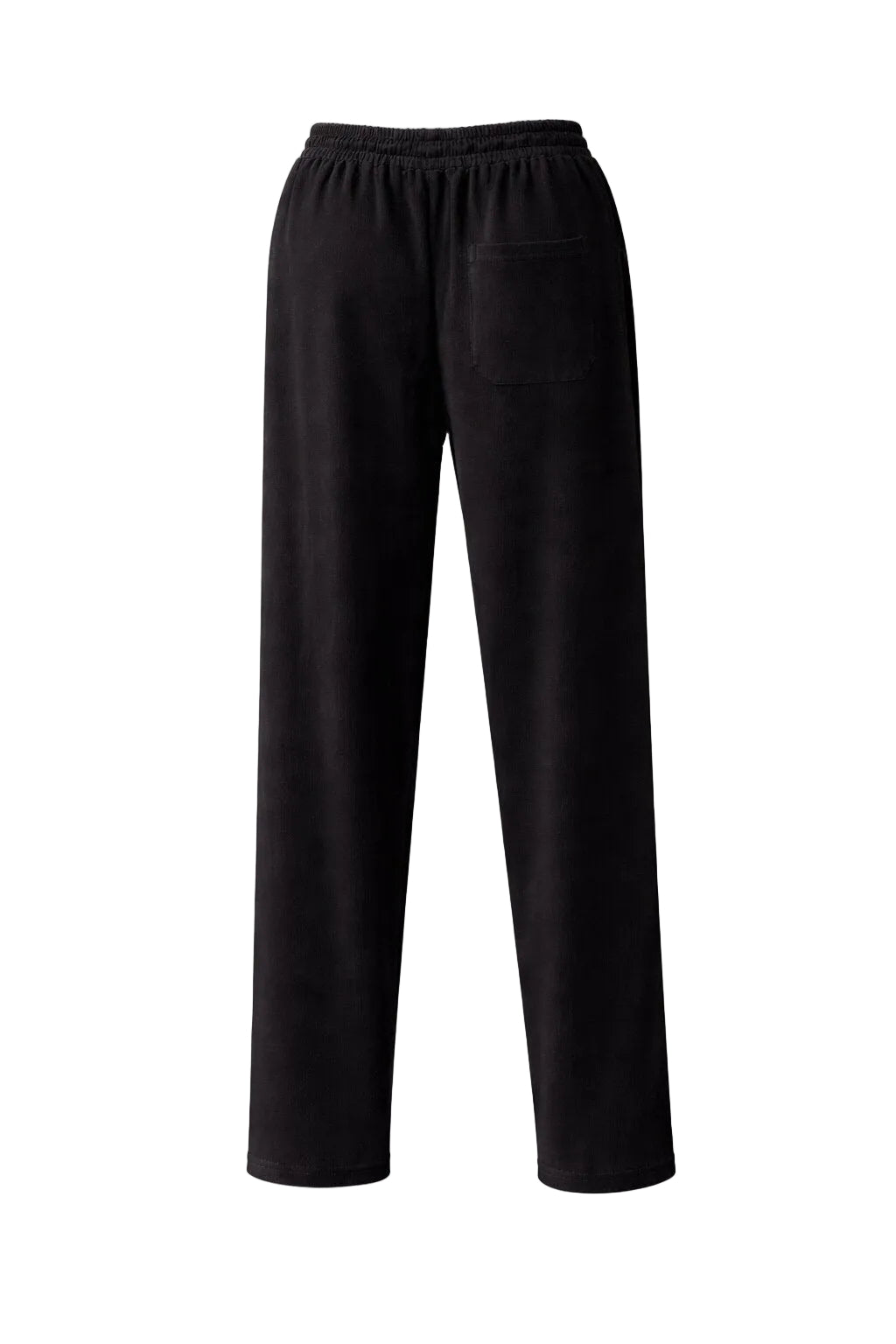 Back view of black relaxed fit straight leg sweatpants with rear pocket