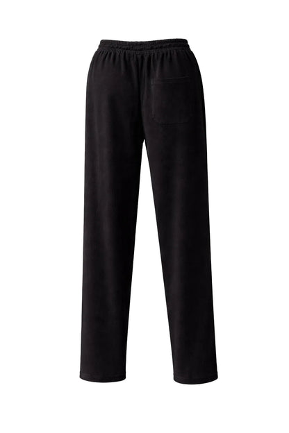 Back view of black relaxed fit straight leg sweatpants with rear pocket