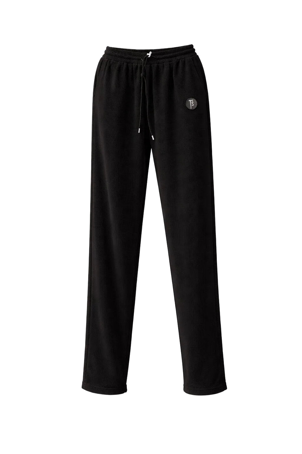 Black straight leg sweatpants with elastic waistband and adjustable drawstring