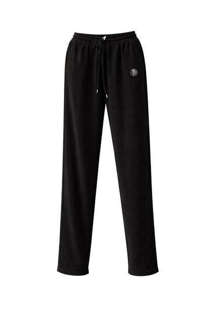 Black straight leg sweatpants with elastic waistband and adjustable drawstring