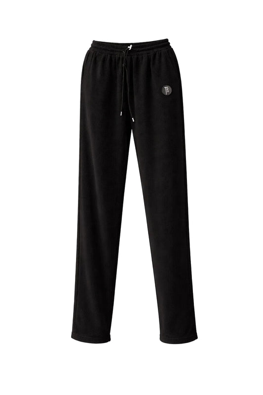 Black straight leg sweatpants with elastic waistband and adjustable drawstring