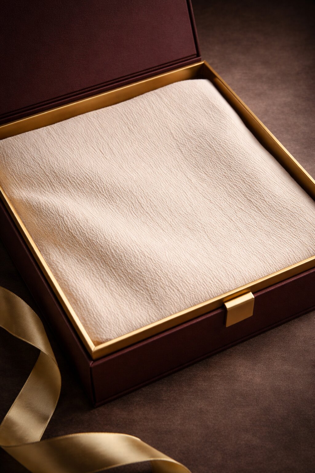 Cream textured fabric close-up inside premium gift box packaging