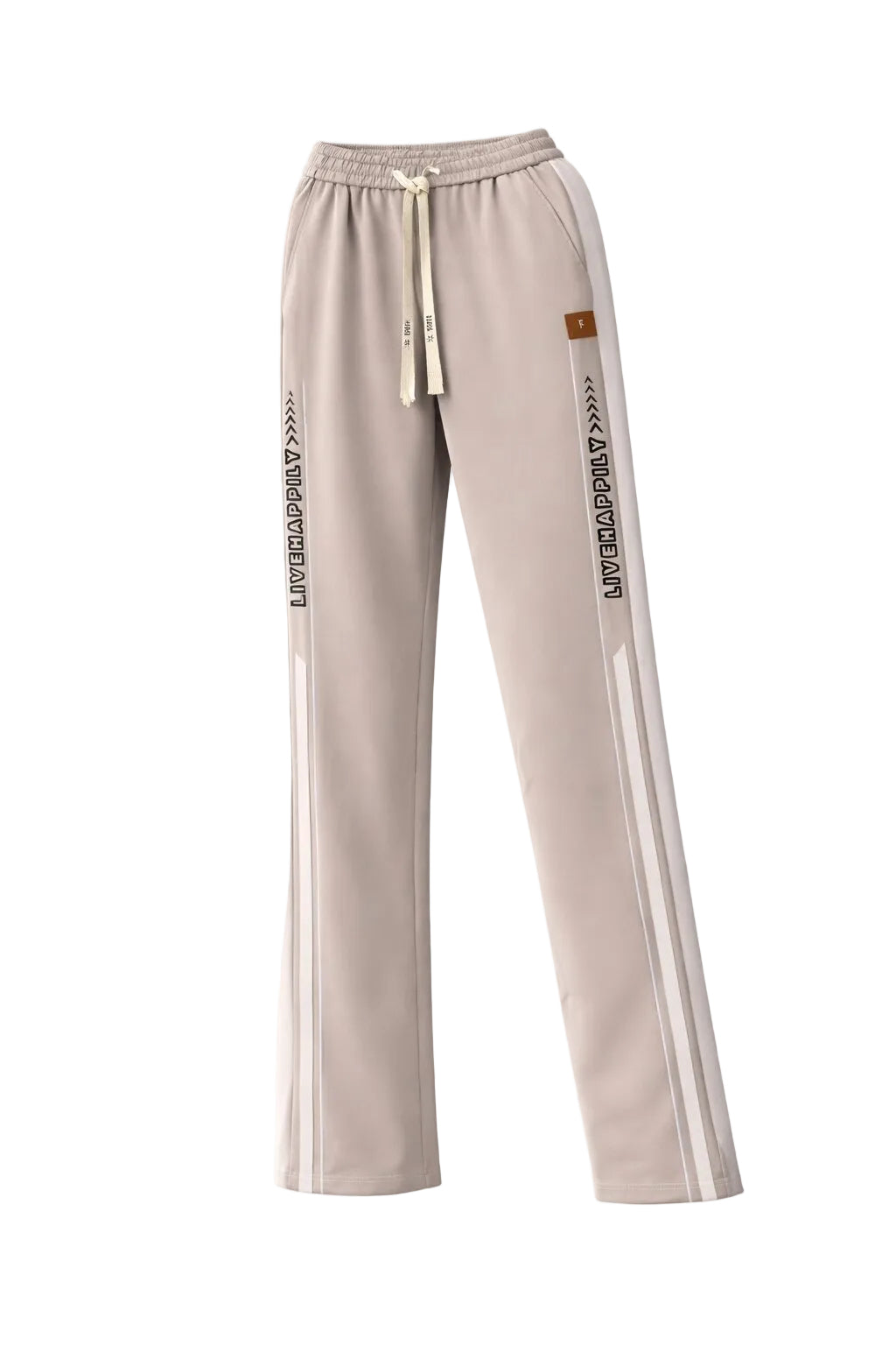 Twilight taupe straight leg track pants front view with contrast side panels and drawstring waist
