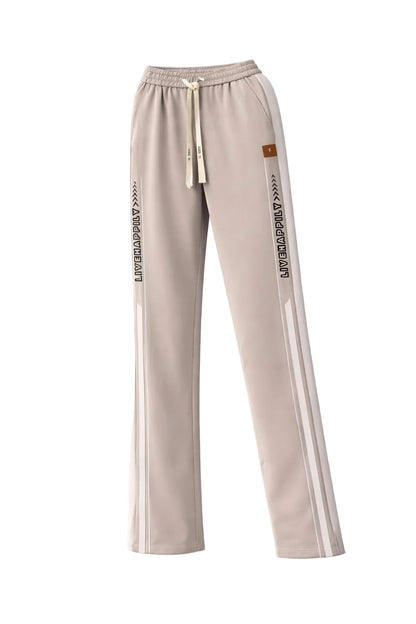Twilight taupe straight leg track pants front view with contrast side panels and drawstring waist