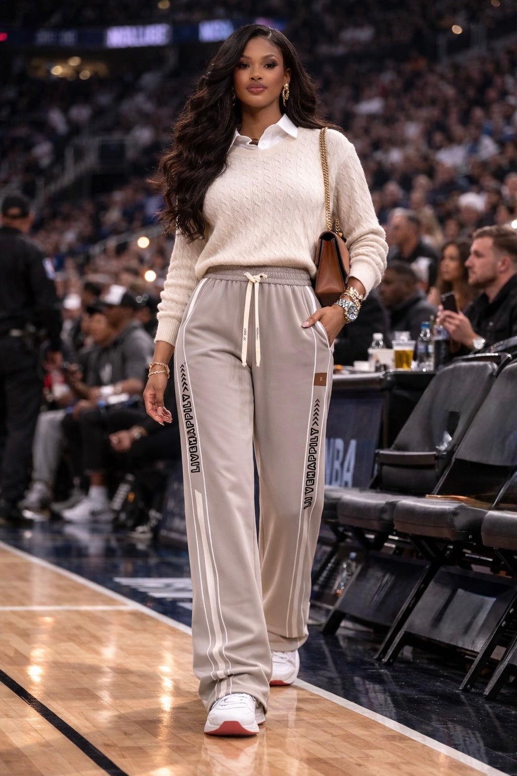 Woman wearing twilight taupe straight leg track pants with side stripe detail in a courtside lifestyle look