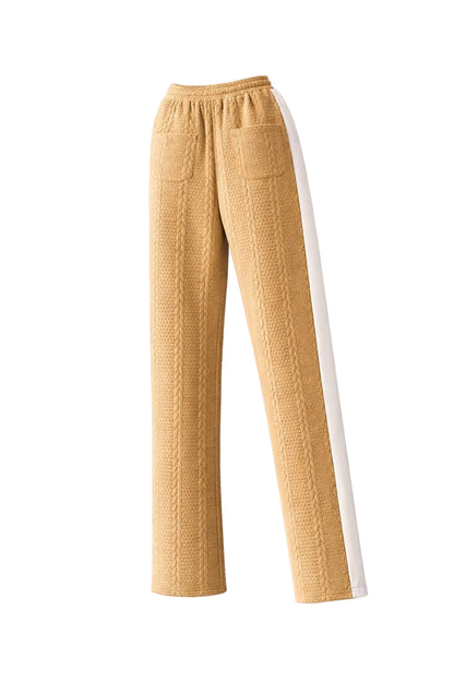 Camel taupe waffle knit straight leg pants back view with rear pockets and white side panels