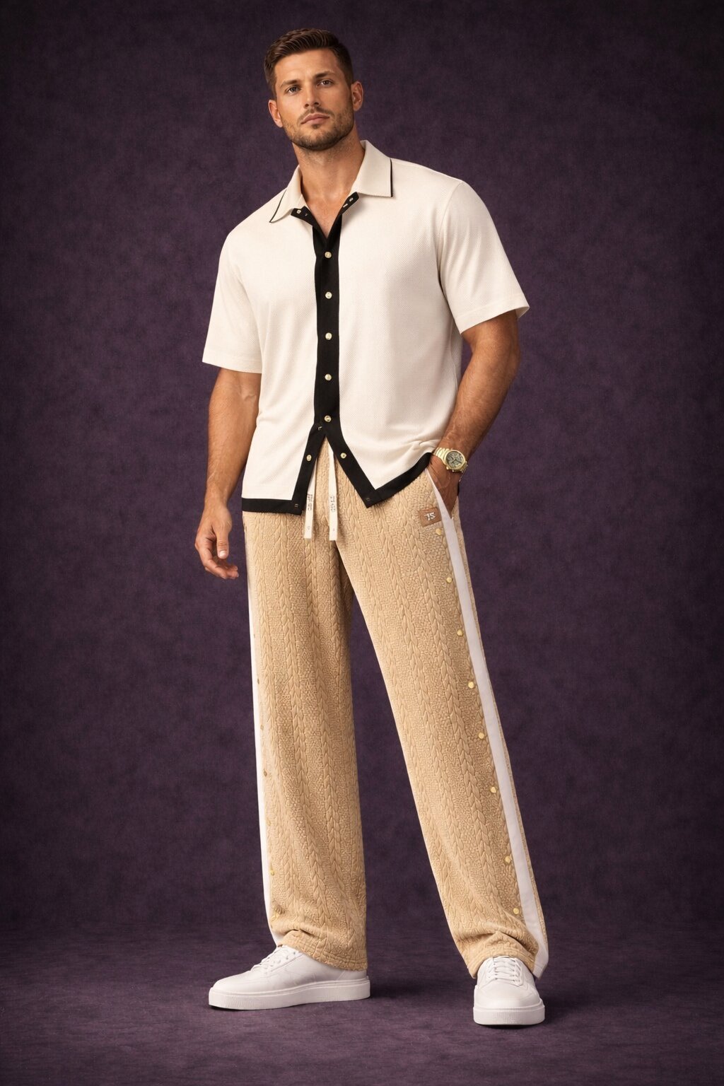 Men’s camel beige waffle knit wide leg pants with side snap detail styled with white contrast shirt and white sneakers front view
